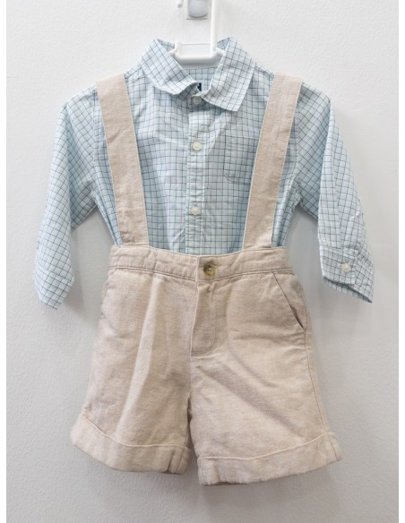 enterizo body camisa manga larga turquesa cuadros azules con romper beige