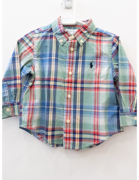 camisa manga larga verde con cuadros rojos y azules