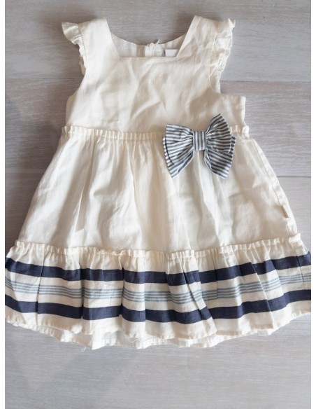 vestido lino blanco con rayas azules y lazo