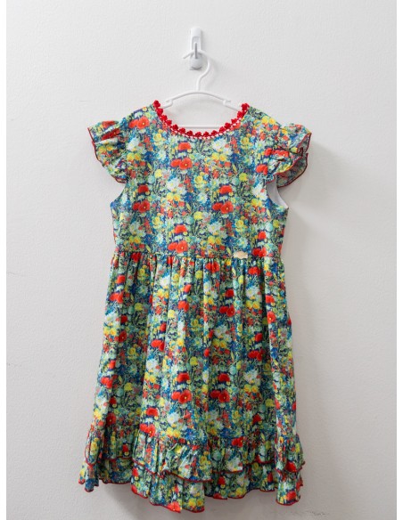 vestido colores azul flores rojas, amarillas, verdes