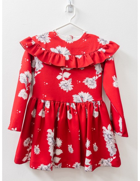 vestido rojo manga larga con flores blancas
