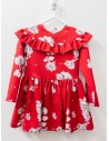 vestido rojo manga larga con flores blancas