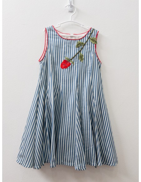 vestido rayas celestes con rosa bordada