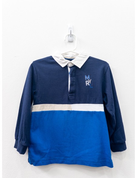 camiseta manga larga azul con bloque azul, beige y blanco