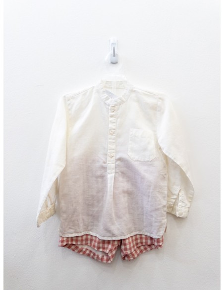 set camisa de lino blanca y short de cuadros rosados