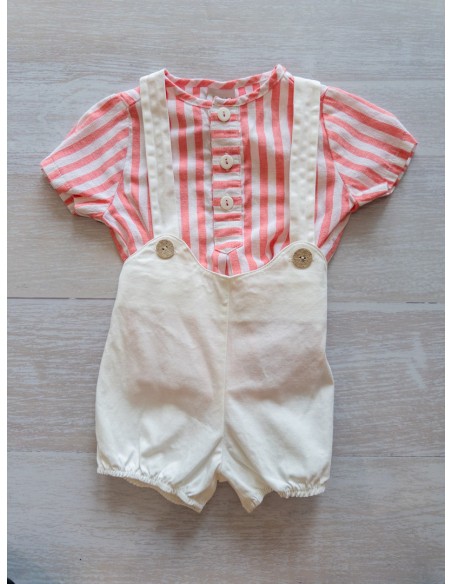 set camisa manga corta rayas rosadas y romper blanco