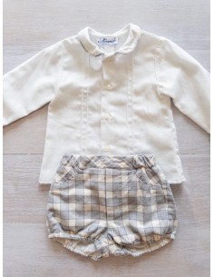 set camisa manga larga puntitos celeste y short cuadros grises