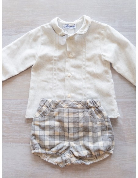 set camisa manga larga puntitos celeste y short cuadros grises