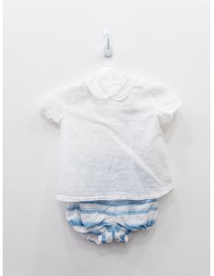 set camisa blanca lino y cubre panal de rayas celestes y blancas