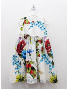 vestido blanco con cerezas rosas y flores azules