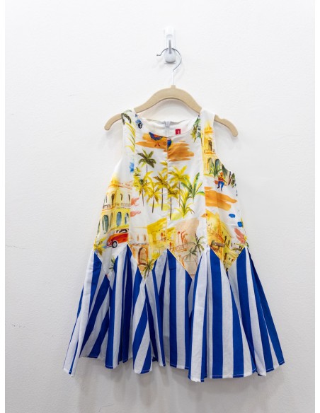vestido paisaje con falda rayas azul con blanco