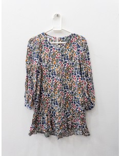 vestido beige flores azul oscuro mostaza y rosa