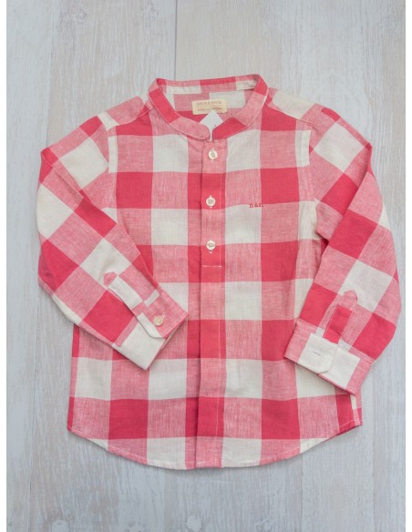 camisa lino cuadros blancos y fucsias