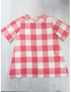 vestido lino cuadros blancos y fucsias