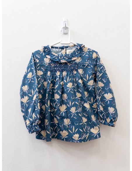 top manga larga turquesa con flores beige