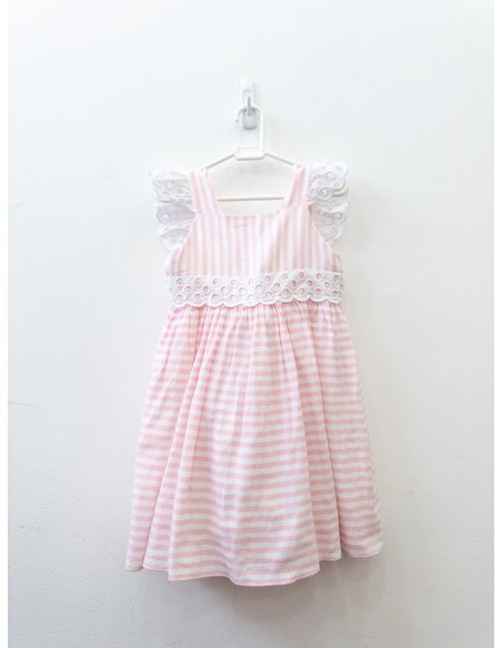 vestido rayas rosadas y detalles brocados blancos