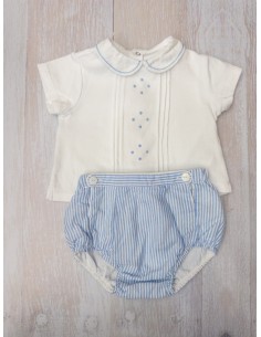 set camiseta blanca con puntos celestes calzon rayas