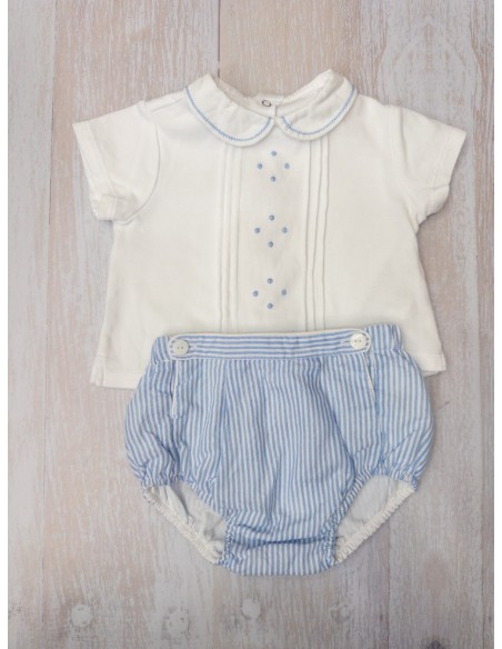 set camiseta blanca con puntos celestes calzon rayas