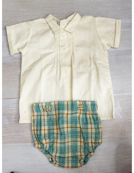 camisa lino con cubre panal de cuadros mostaza y celeste