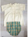 camisa lino con cubre panal de cuadros mostaza y celeste