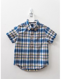 camisa manga corta cuadros turquesas, salmon