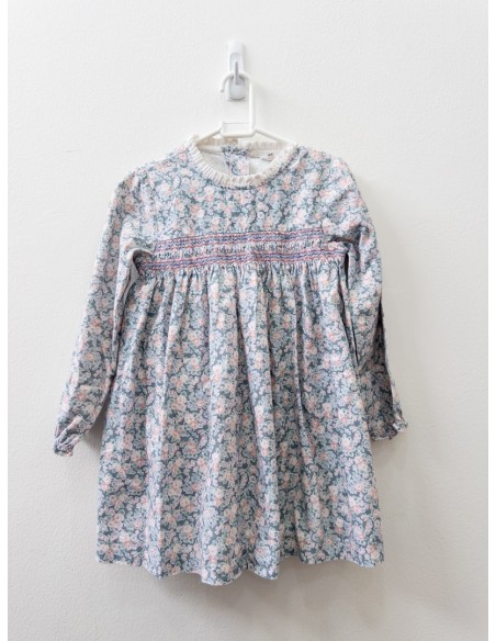 vestido turquesa con flores azules y rosadas manga larga