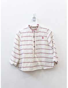 camisa manga larga blanca con rayas beige rojas y azules