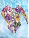 pantalon de baño flores moradas y hojas verdes