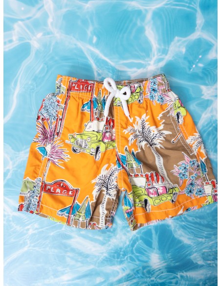pantalon de baño naranja con dibujos palmeras