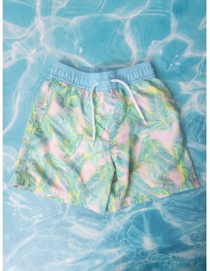pantalon de baño rosado y palmeras turquesas