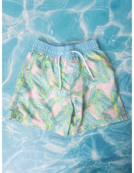 pantalon de baño rosado y palmeras turquesas