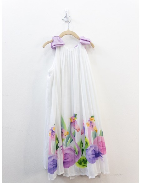vestido blanco con dibujos y lazos lila