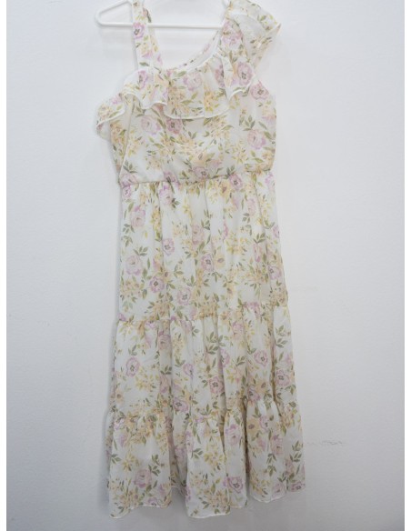 vestido blanco con flores rosadas y amarillas
