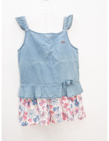 set falda flores rosadas y azules y blusa de jean