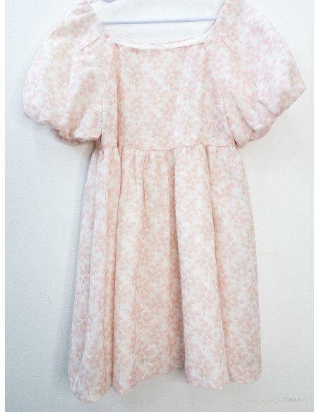 vestido lino beige con flores rosadas