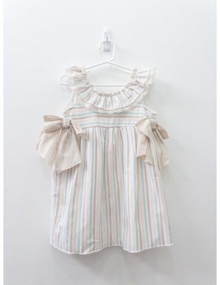 vestido rayas celestes rosadas y beige