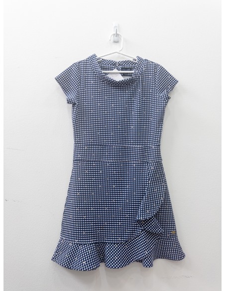 vestido azul con estrellitas blancas y bolitas plateadas