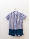 set short azul camisa rayas azules blancas y rojas