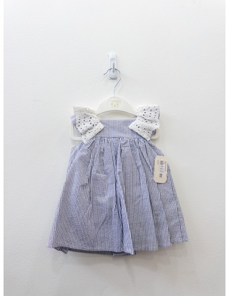 vestido rayas azules con detalles brocados blancos