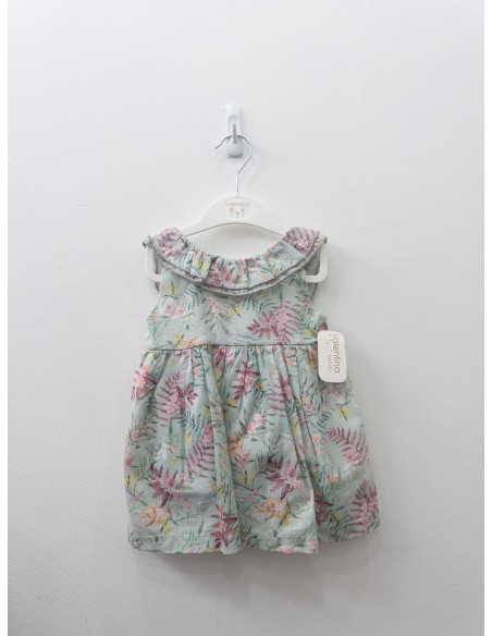 set vestido verde con flores rosadas