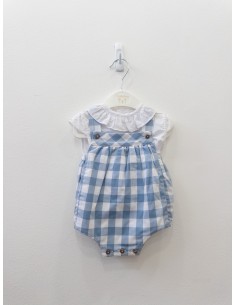 set romper cuadros celestes y top blanco