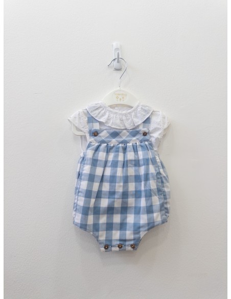 set romper cuadros celestes y top blanco