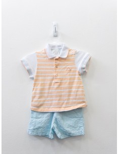 set short cuadros turquesas y top rayas turquesas con salmon