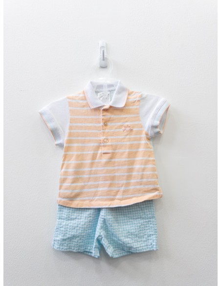 set short cuadros turquesas y top rayas turquesas con salmon