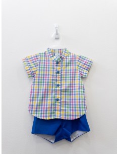 set short azul camisa cuadros azules, verdes, amarillos, verdes