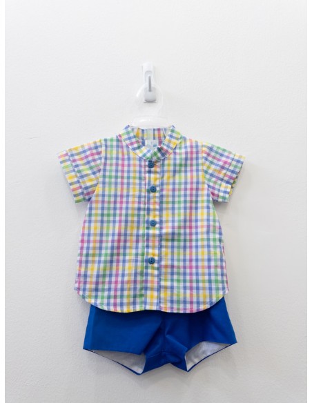 set short azul camisa cuadros azules, verdes, amarillos, verdes