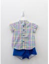 set short azul camisa cuadros azules, verdes, amarillos, verdes