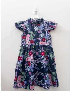 vestido azul oscuro con flores fucsias y moradas