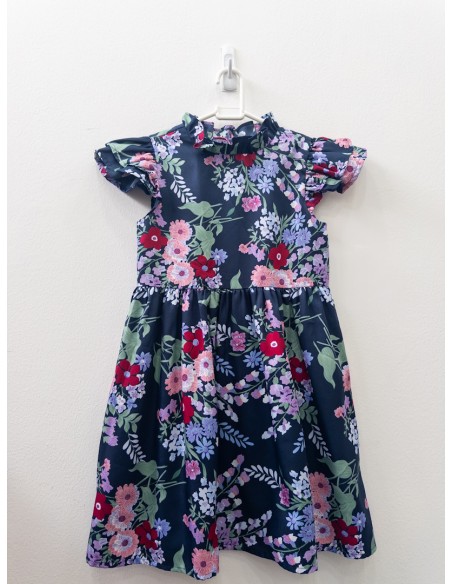 vestido azul oscuro con flores fucsias y moradas