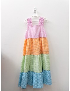 vestido cuadros de colores naranja, verde, azul, rosado